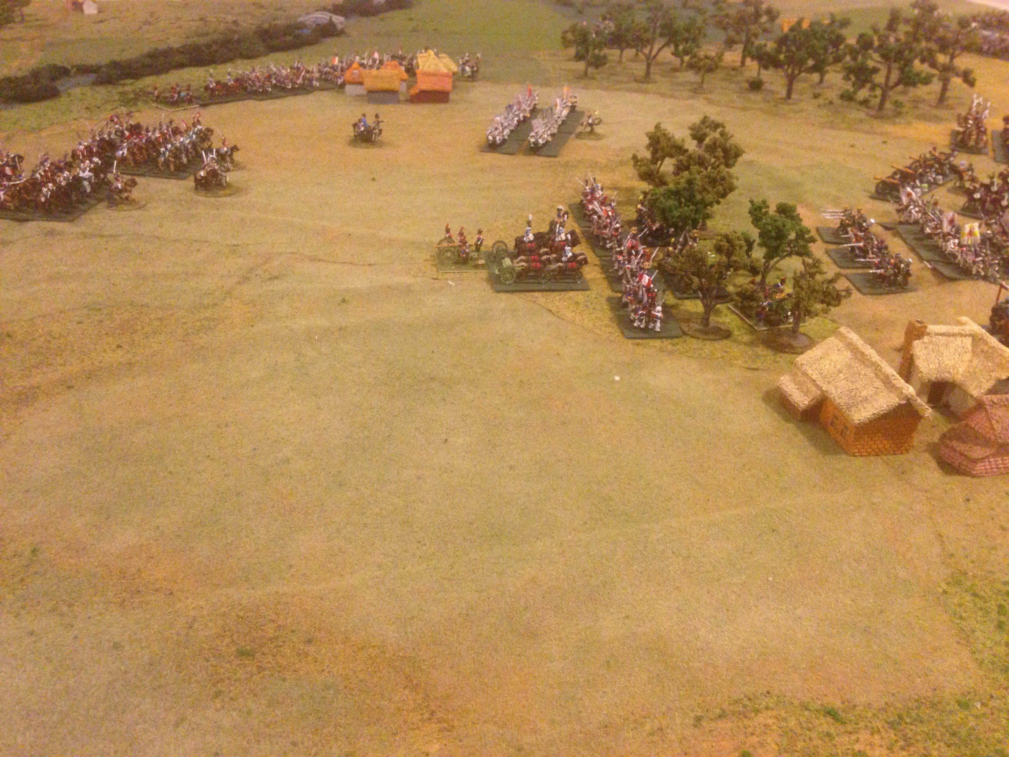 Opposing forces on the Allied left, French and Saxons infantry forming to oppose the deep Russian deployment.