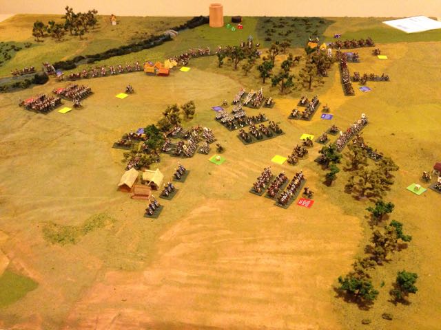 Overview of the battlefield after the turn one, looking from the Russian left rear across.