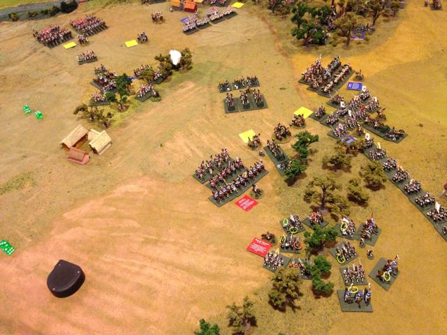Bad dice are contagious, after 4 turns of fighting in the woods on the French right, the Russians break.